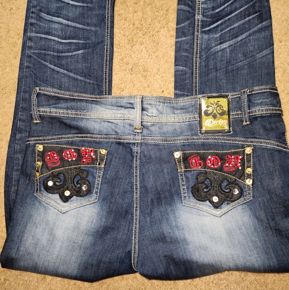 Y2k Dereon Dark blue jeans with embroidered and rhinestone details and Gold